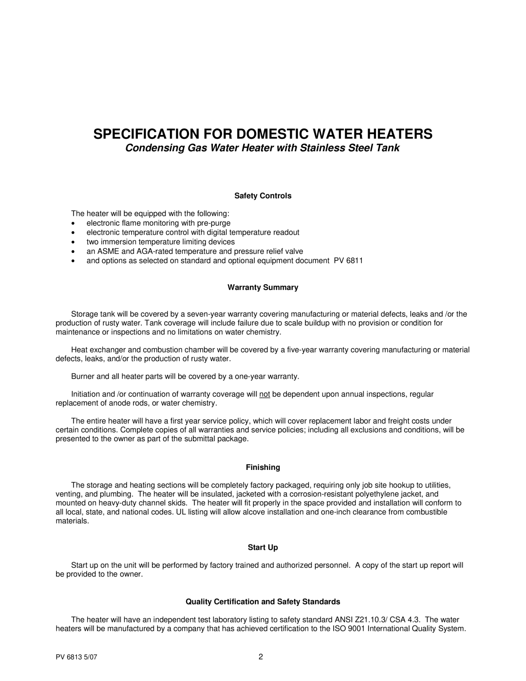 PVI Industries PV 6813 Safety Controls, Warranty Summary, Finishing, Start Up, Quality Certification and Safety Standards 