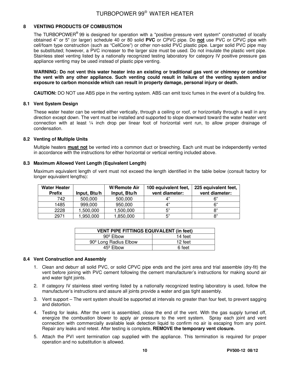 PVI Industries PV500-12 manual Venting Products of Combustion 