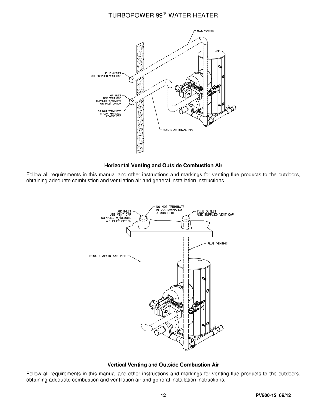 PVI Industries PV500-12 manual Horizontal Venting and Outside Combustion Air, Vertical Venting and Outside Combustion Air 