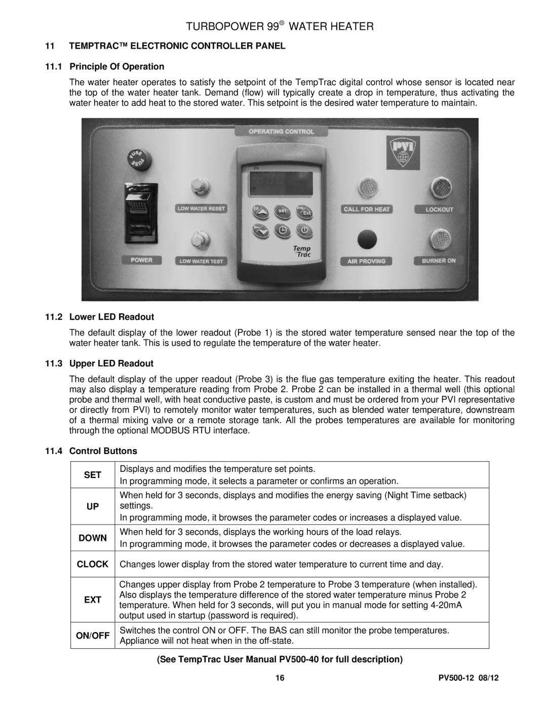 PVI Industries PV500-12 manual Temptrac Electronic Controller Panel, Set, Down, Clock, Ext, On/Off 