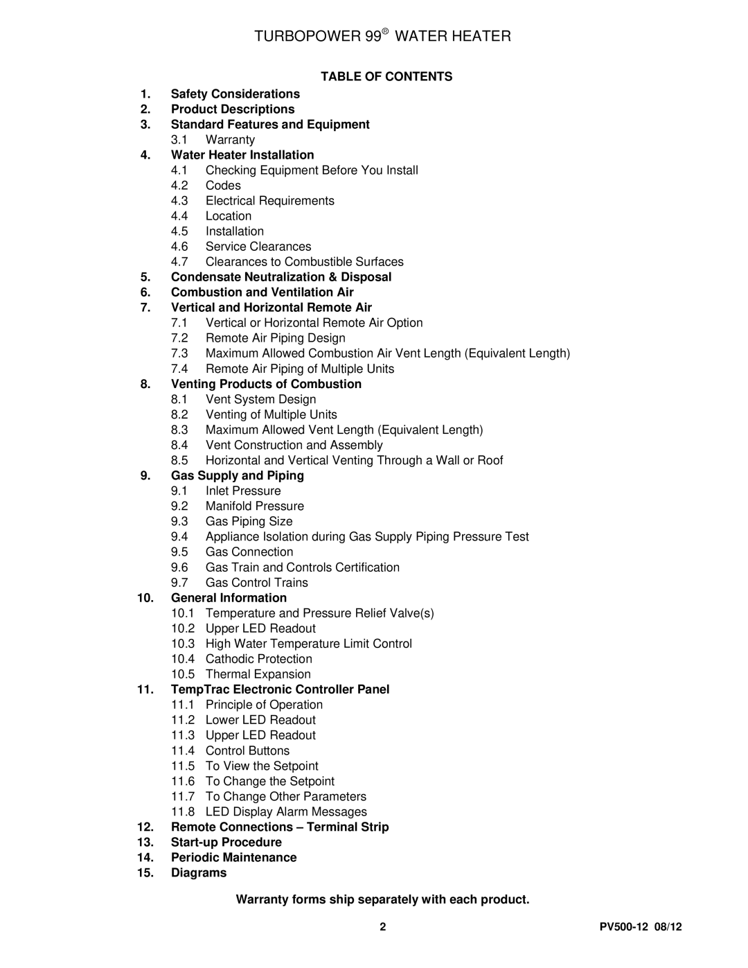 PVI Industries PV500-12 manual Turbopower 99 Water Heater, Table of Contents 