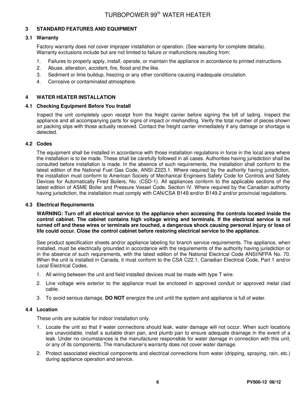 PVI Industries PV500-12 manual Standard Features and Equipment, Water Heater Installation 