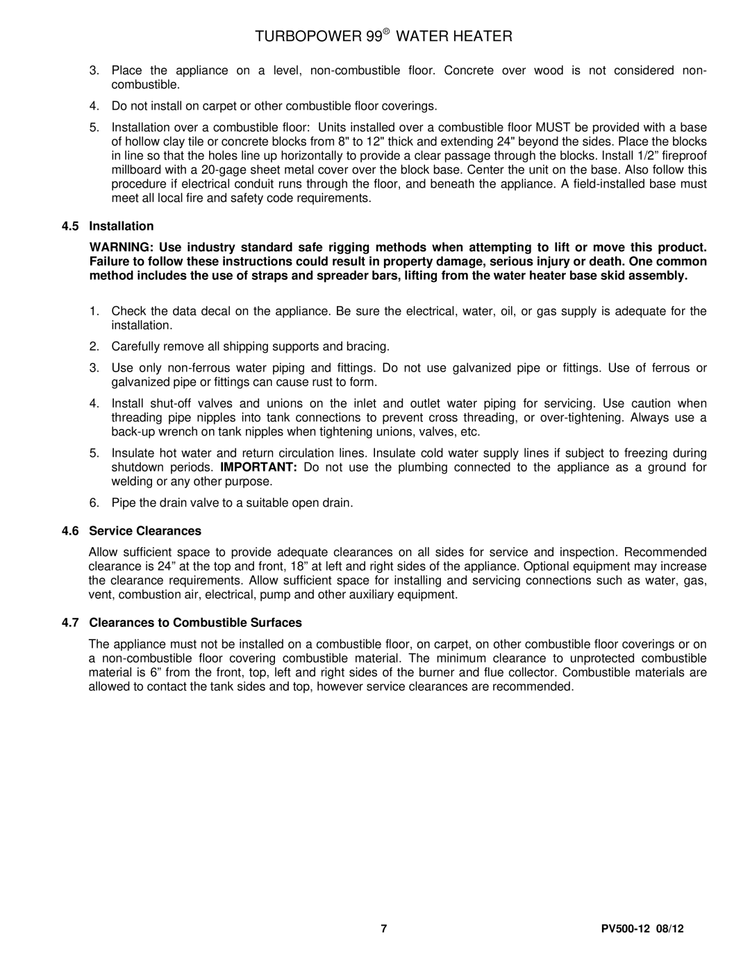 PVI Industries PV500-12 manual Installation, Service Clearances, Clearances to Combustible Surfaces 