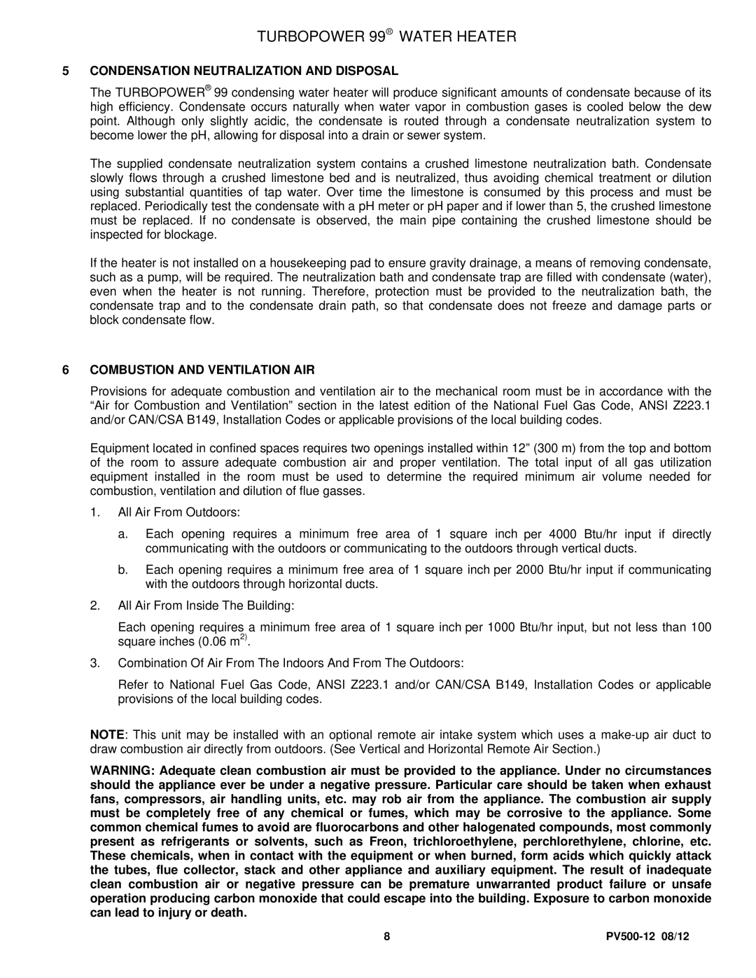 PVI Industries PV500-12 manual Condensation Neutralization and Disposal, Combustion and Ventilation AIR 