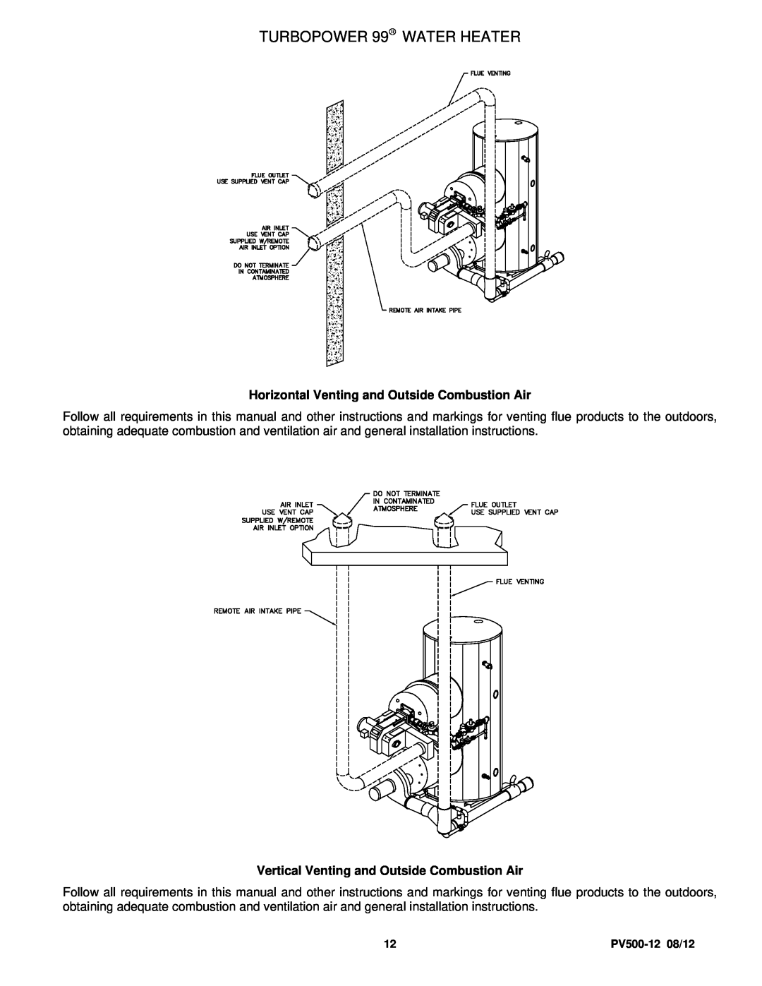 PVI Industries PV500-12 manual TURBOPOWER 99 WATER HEATER, Horizontal Venting and Outside Combustion Air 