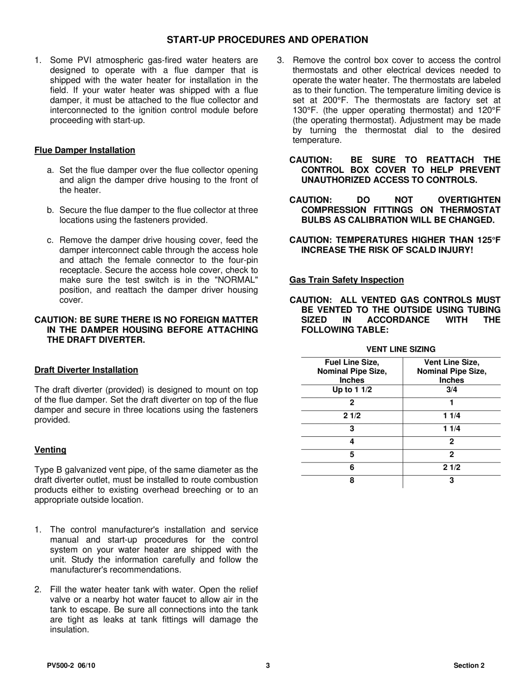 PVI Industries PV500-2 START-UP Procedures and Operation, Flue Damper Installation, Draft Diverter Installation, Venting 