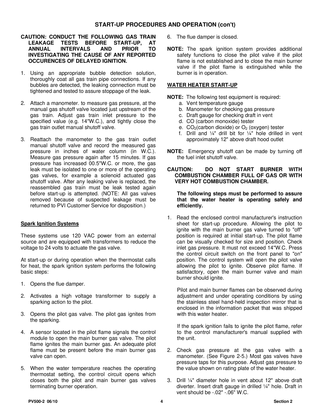 PVI Industries PV500-2 manual START-UP Procedures and Operation, Spark Ignition Systems, Water Heater START-UP 