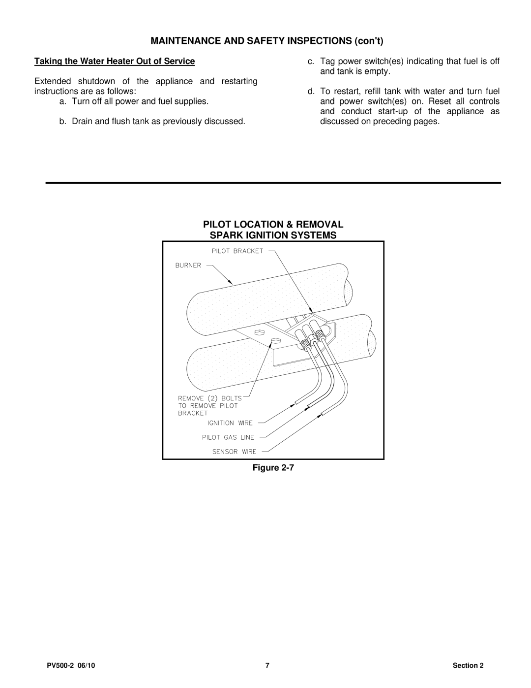 PVI Industries PV500-2 manual Maintenance and Safety Inspections, Pilot Location & Removal Spark Ignition Systems 