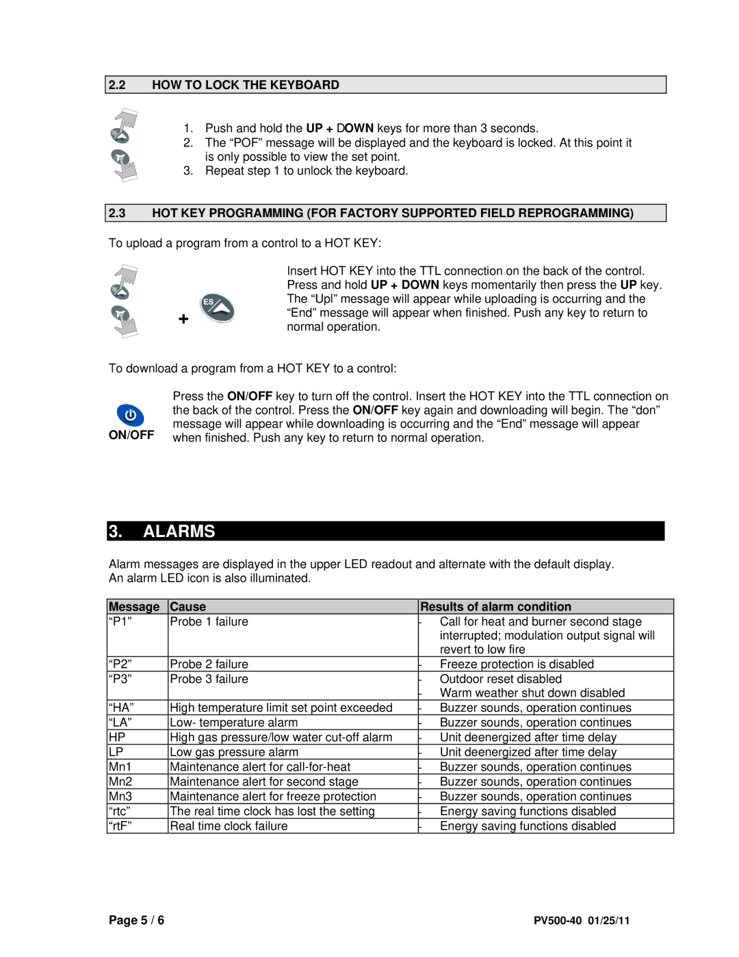 PVI Industries PV500-40 user manual Alarms, HOW to Lock the Keyboard, Message Cause, Results of alarm condition 