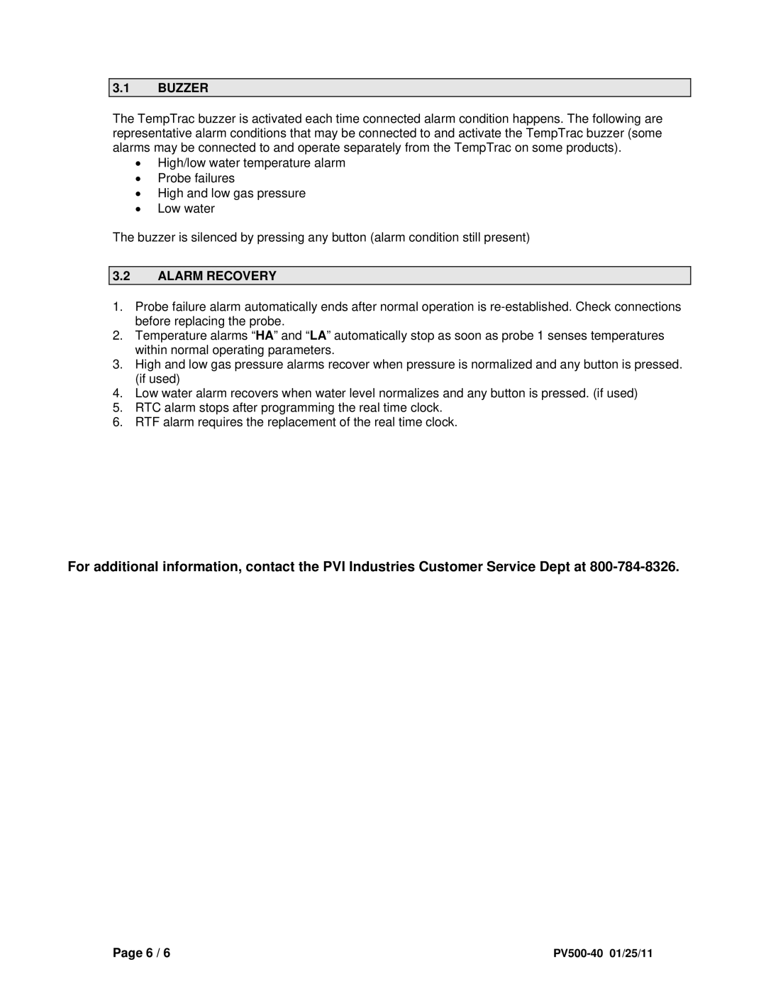 PVI Industries PV500-40 user manual Buzzer, Alarm Recovery 