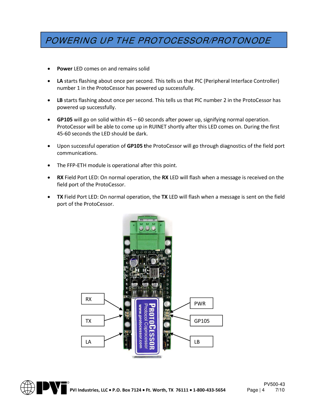 PVI Industries PV500-43 manual Powering UP the PROTOCESSOR/PROTONODE 