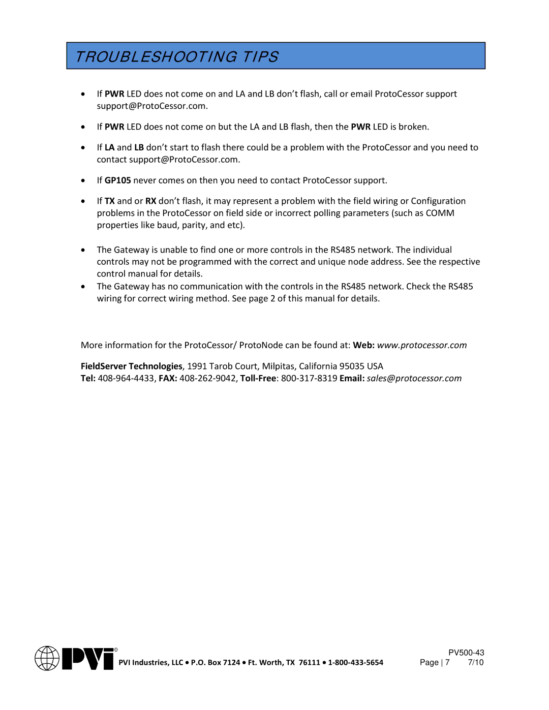 PVI Industries PV500-43 manual Troubleshooting Tips 