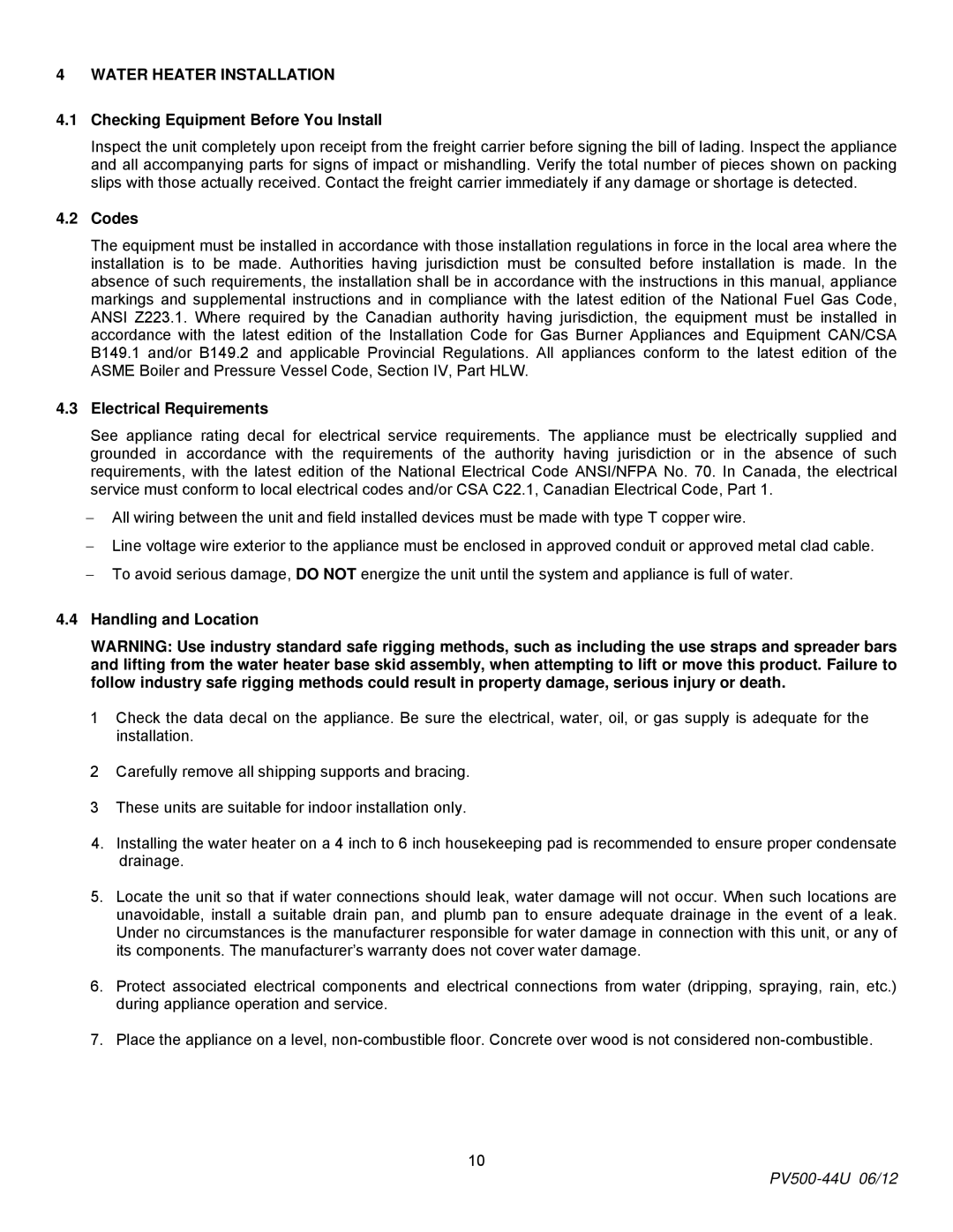 PVI Industries PV500-44U Water Heater Installation, Checking Equipment Before You Install, Codes, Electrical Requirements 
