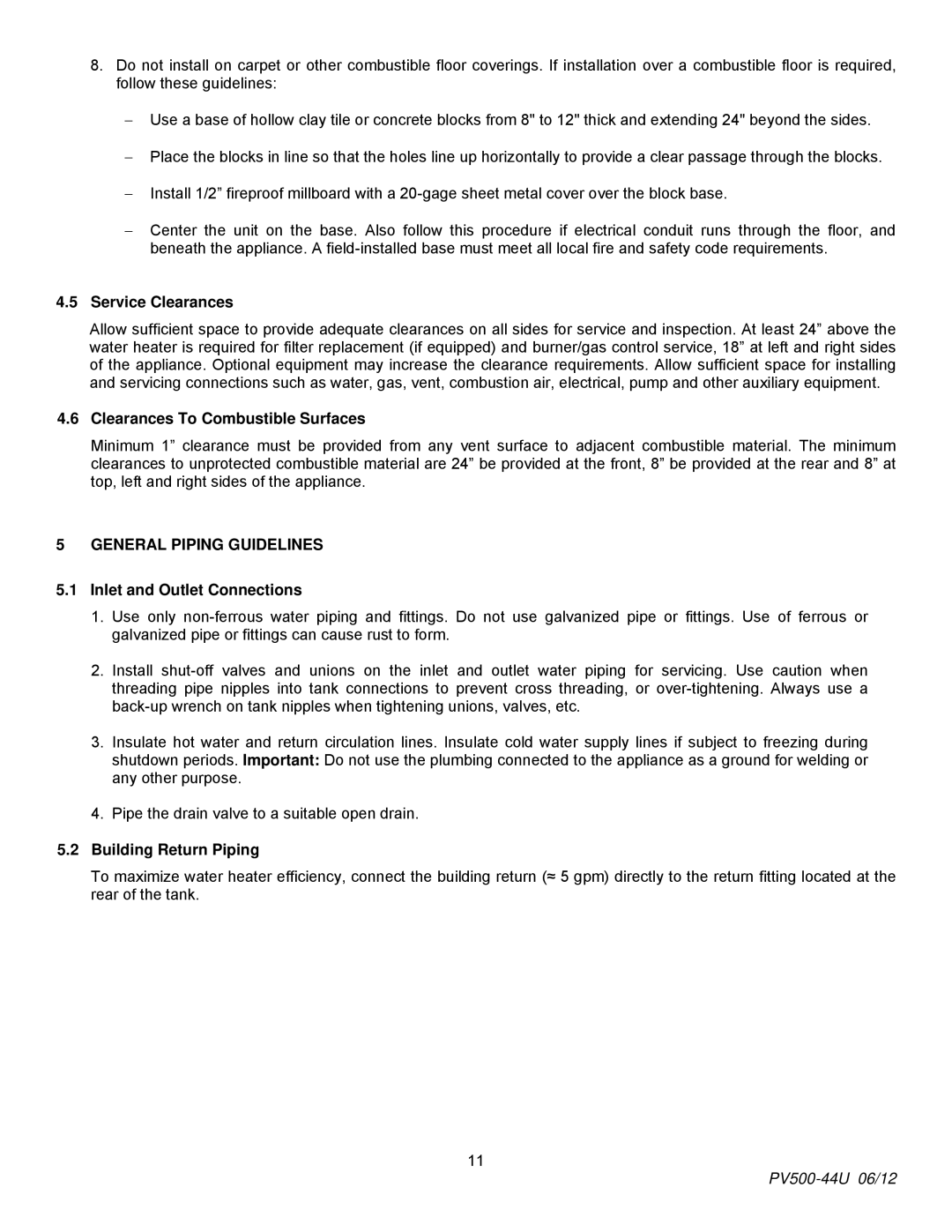 PVI Industries PV500-44U manual Service Clearances, Clearances To Combustible Surfaces, General Piping Guidelines 