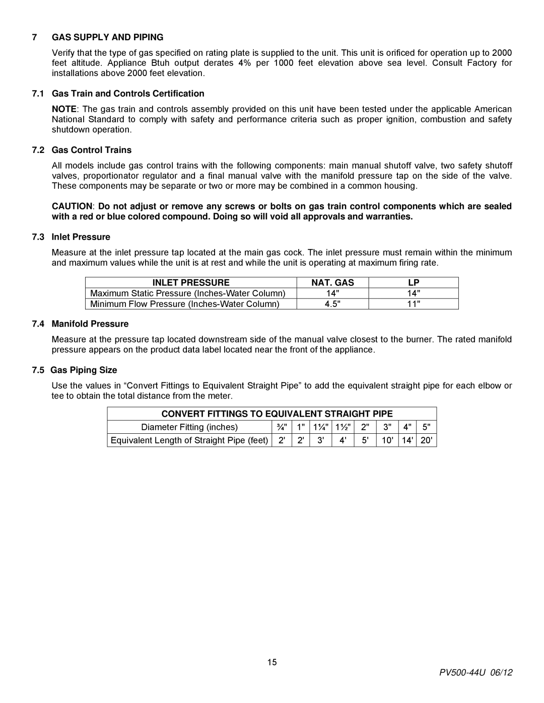 PVI Industries PV500-44U GAS Supply and Piping, Inlet Pressure NAT. GAS, Convert Fittings to Equivalent Straight Pipe 