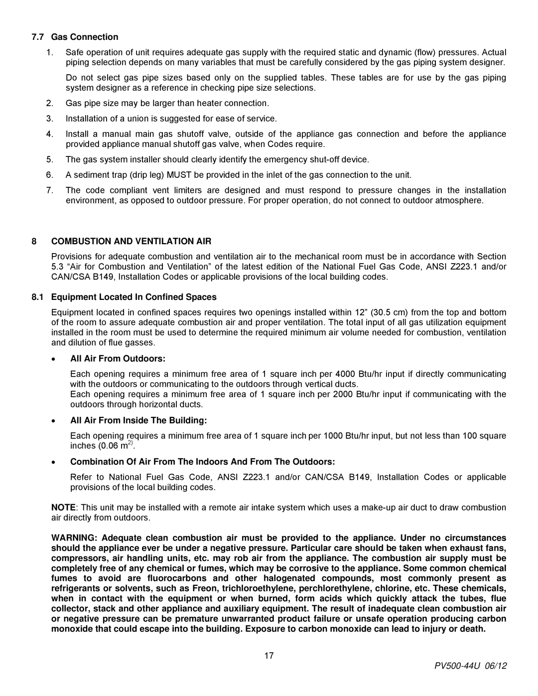 PVI Industries PV500-44U manual Combustion and Ventilation AIR 