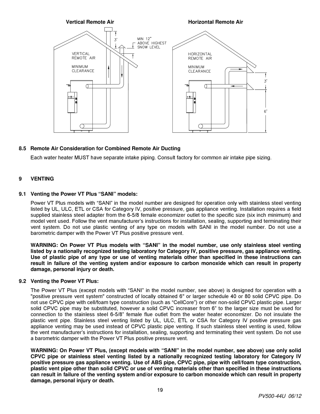 PVI Industries PV500-44U manual Venting the Power VT Plus Sani models 