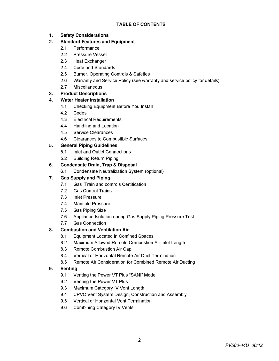 PVI Industries PV500-44U manual Table of Contents 