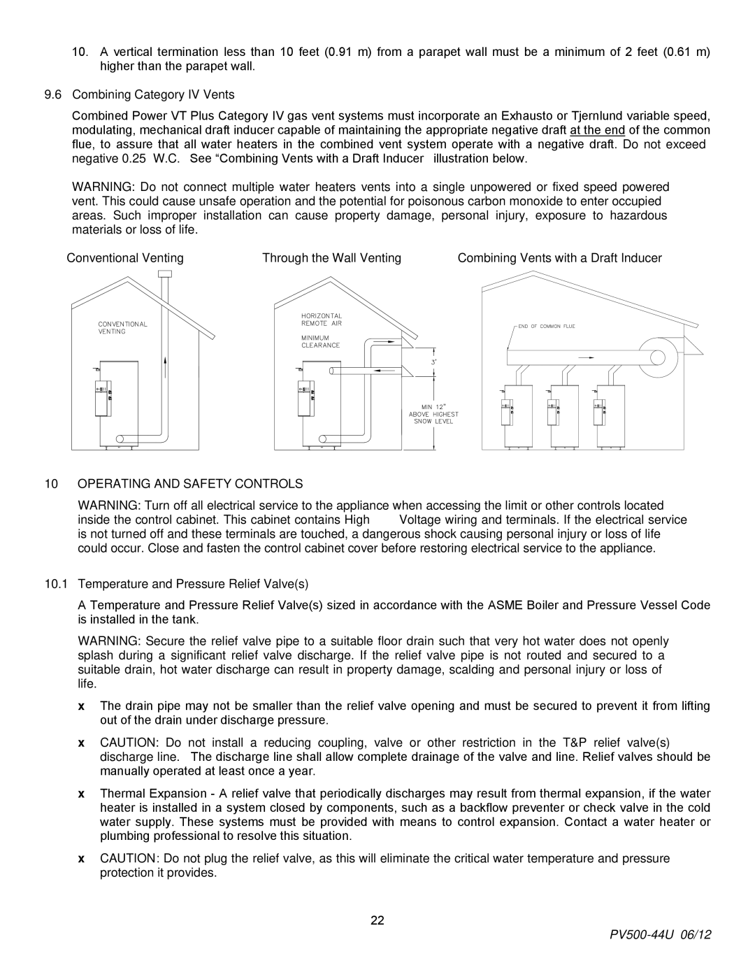 PVI Industries PV500-44U manual Combining Category IV Vents, Operating and Safety Controls 