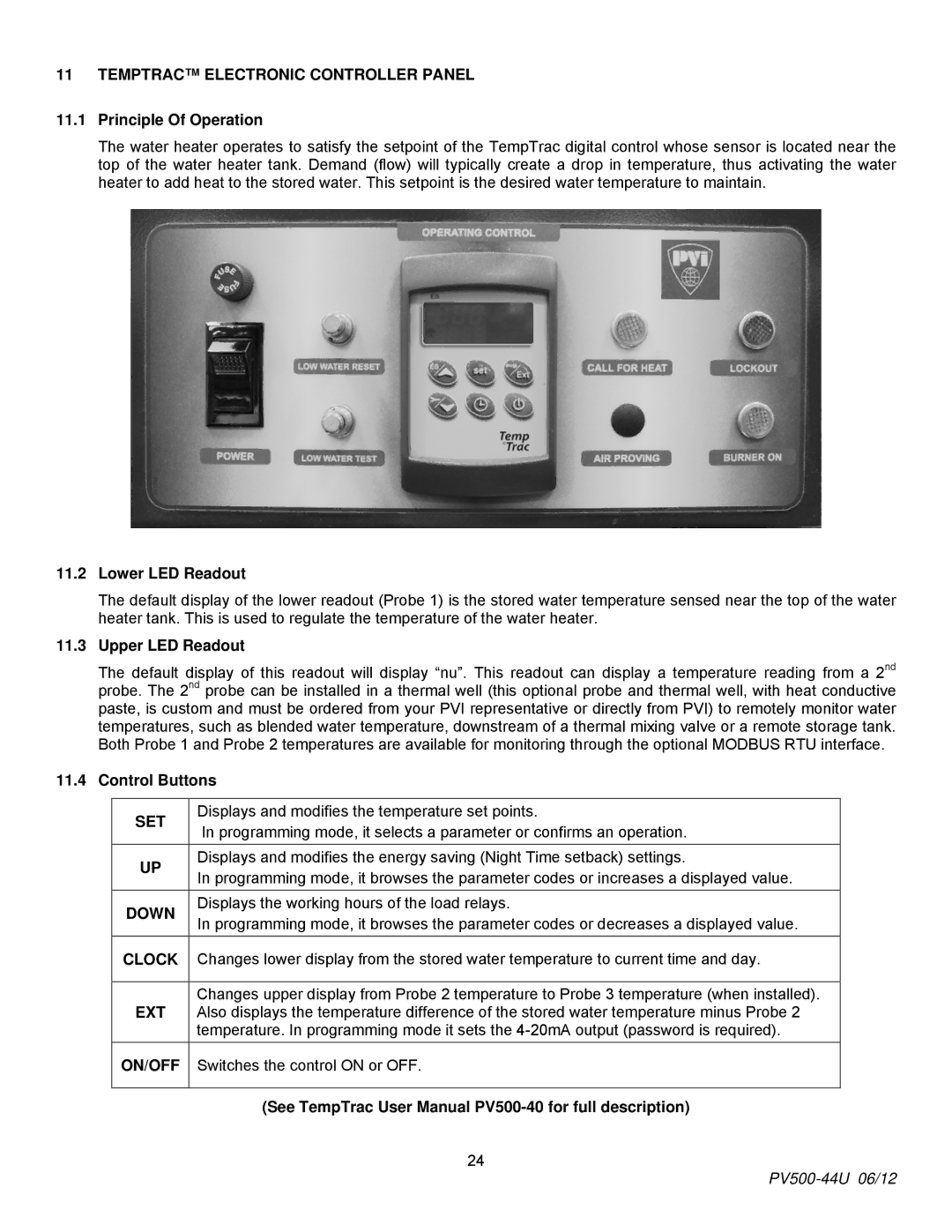 PVI Industries PV500-44U manual Temptrac Electronic Controller Panel, Set, Down, Clock, Ext, On/Off 