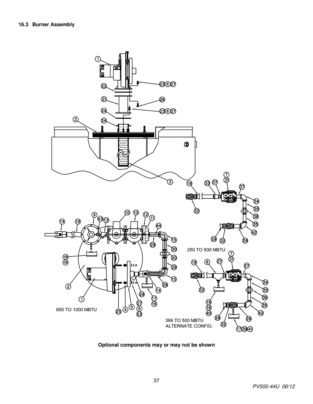 PVI Industries PV500-44U manual Burner Assembly Optional components may or may not be shown 