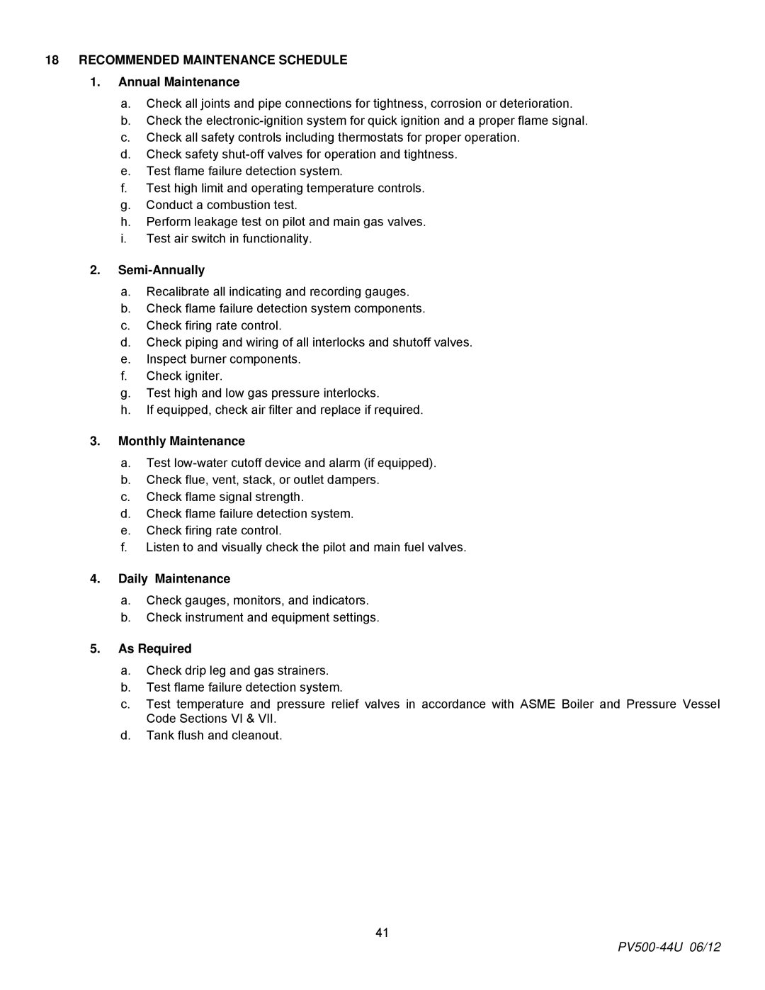 PVI Industries PV500-44U manual Recommended Maintenance Schedule 