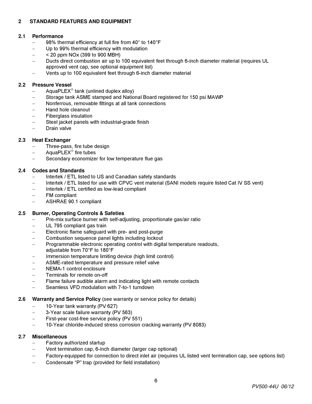 PVI Industries PV500-44U manual Standard Features and Equipment 