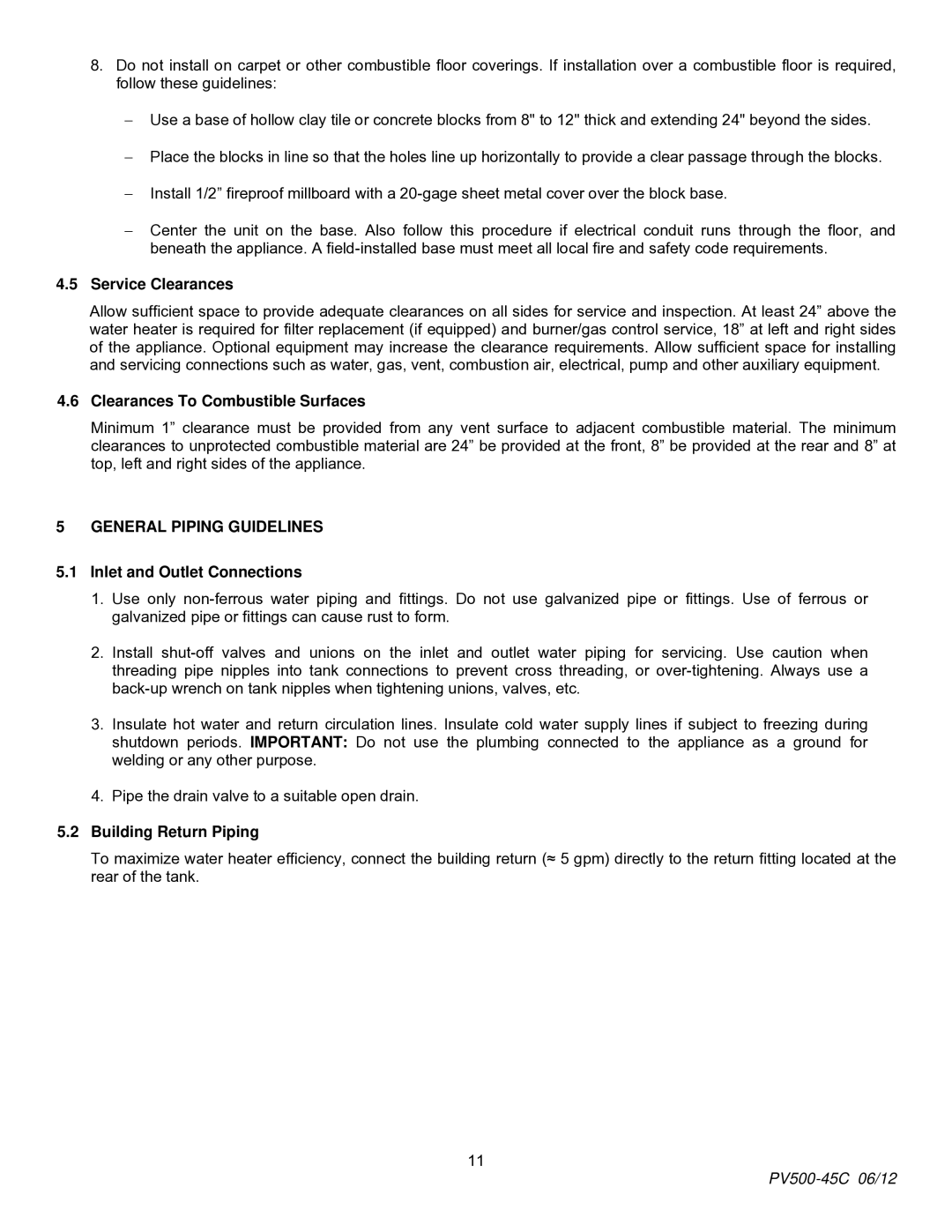 PVI Industries PV500-45C manual Service Clearances, Clearances To Combustible Surfaces, General Piping Guidelines 