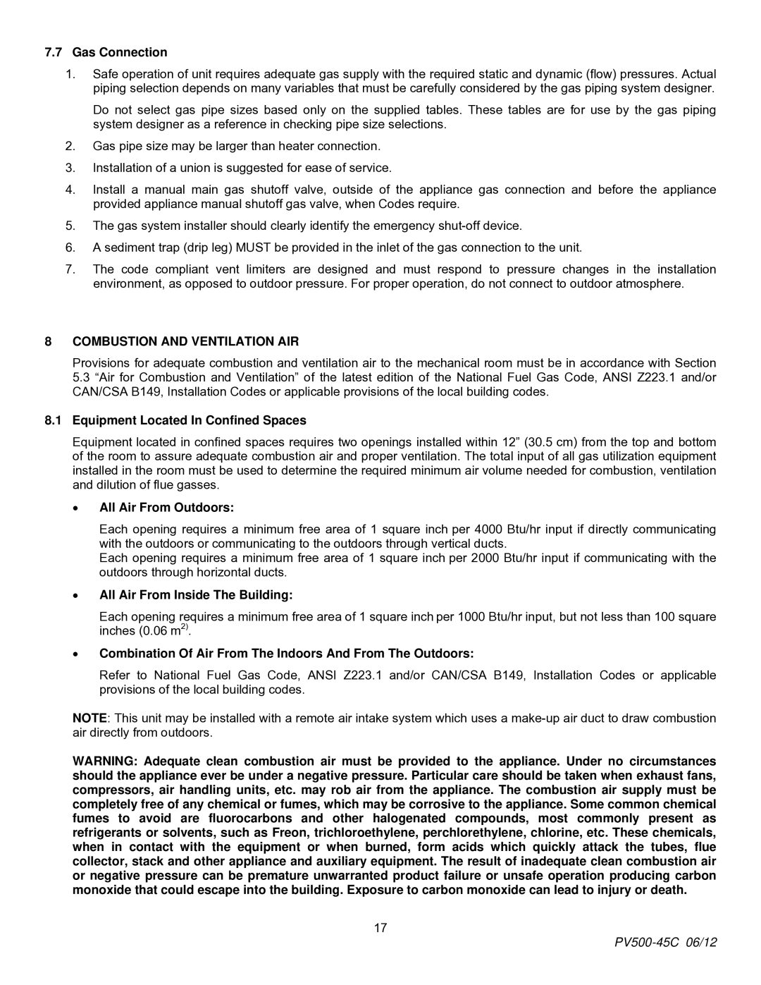 PVI Industries PV500-45C manual Combustion and Ventilation AIR 