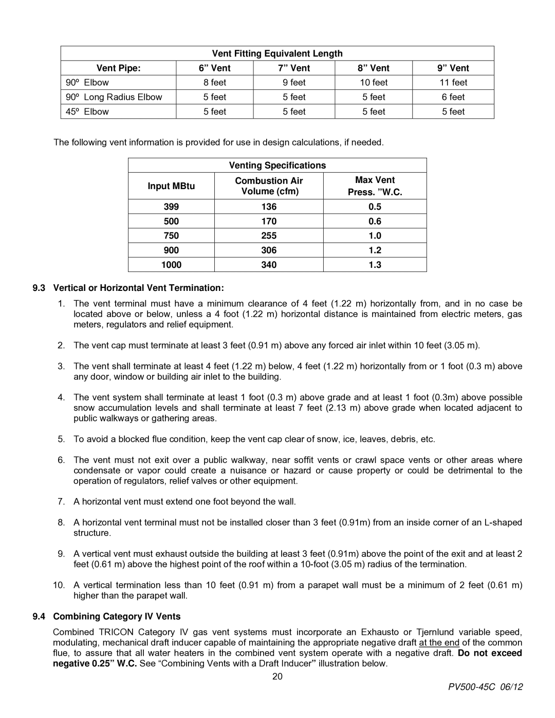 PVI Industries PV500-45C manual Vent Fitting Equivalent Length Vent Pipe, Combining Category IV Vents 