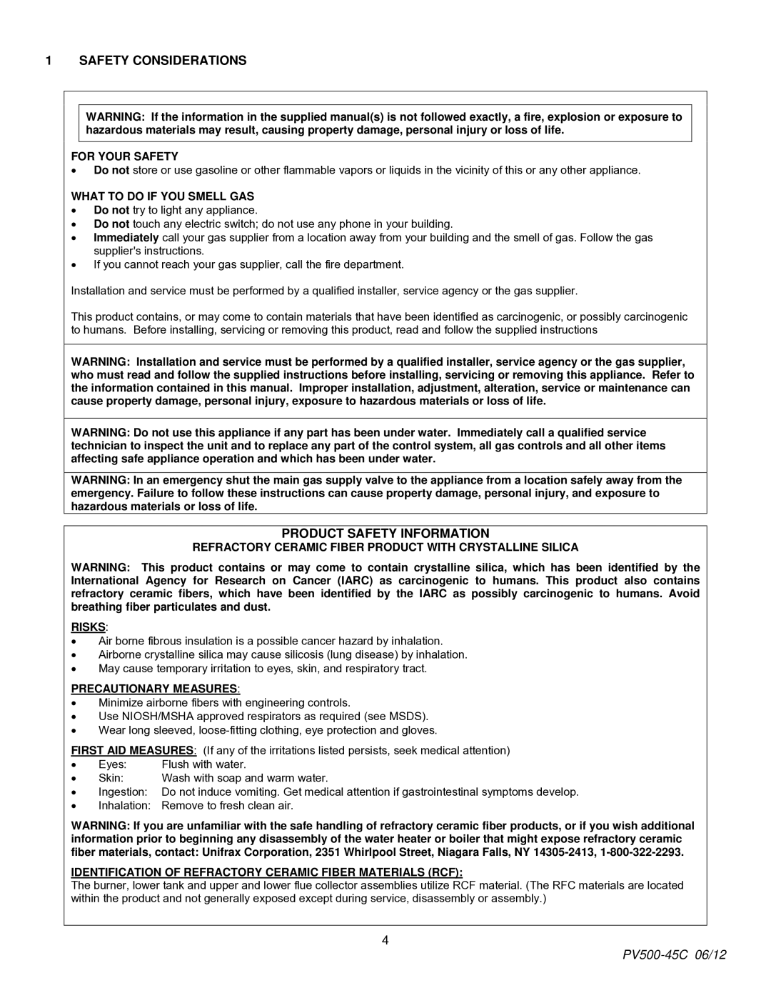 PVI Industries PV500-45C manual Safety Considerations, Product Safety Information 