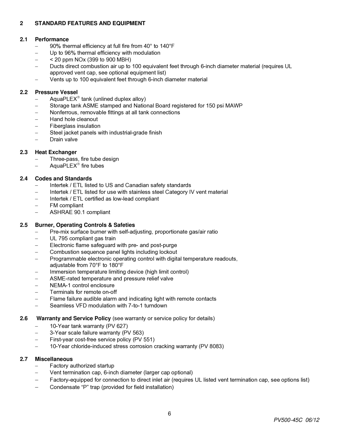 PVI Industries PV500-45C manual Standard Features and Equipment 