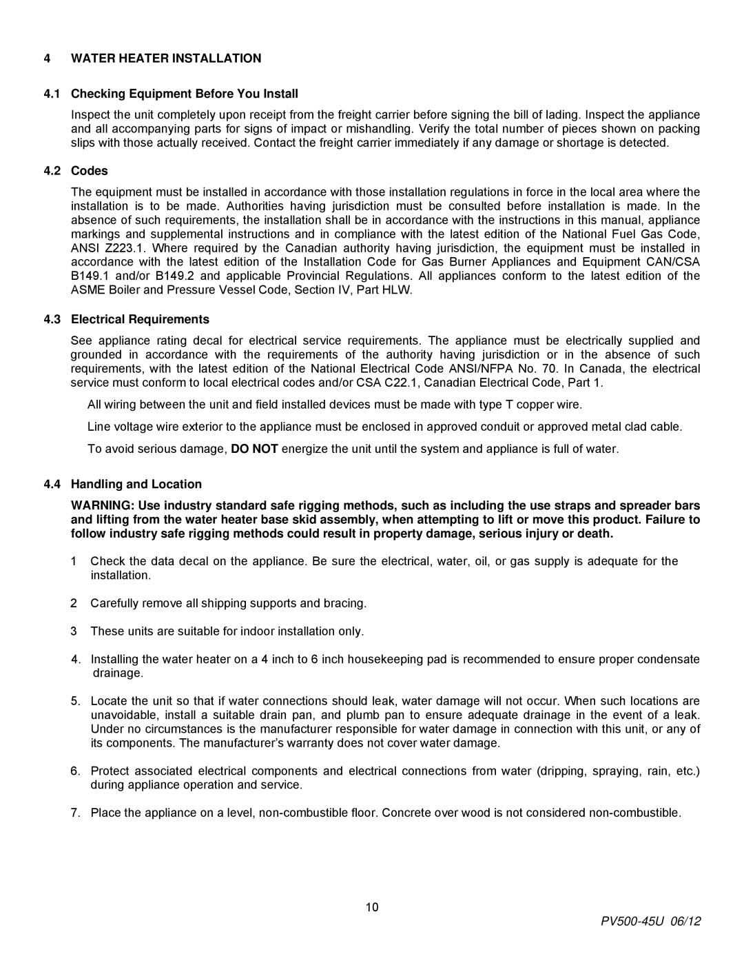 PVI Industries PV500-45U Water Heater Installation, Checking Equipment Before You Install, Codes, Electrical Requirements 