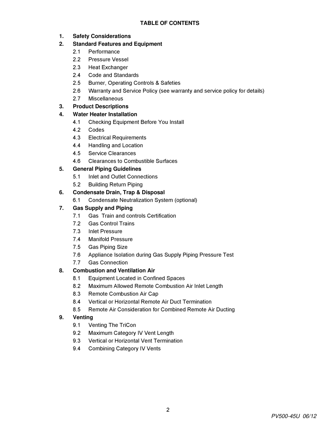 PVI Industries PV500-45U manual Table of Contents 