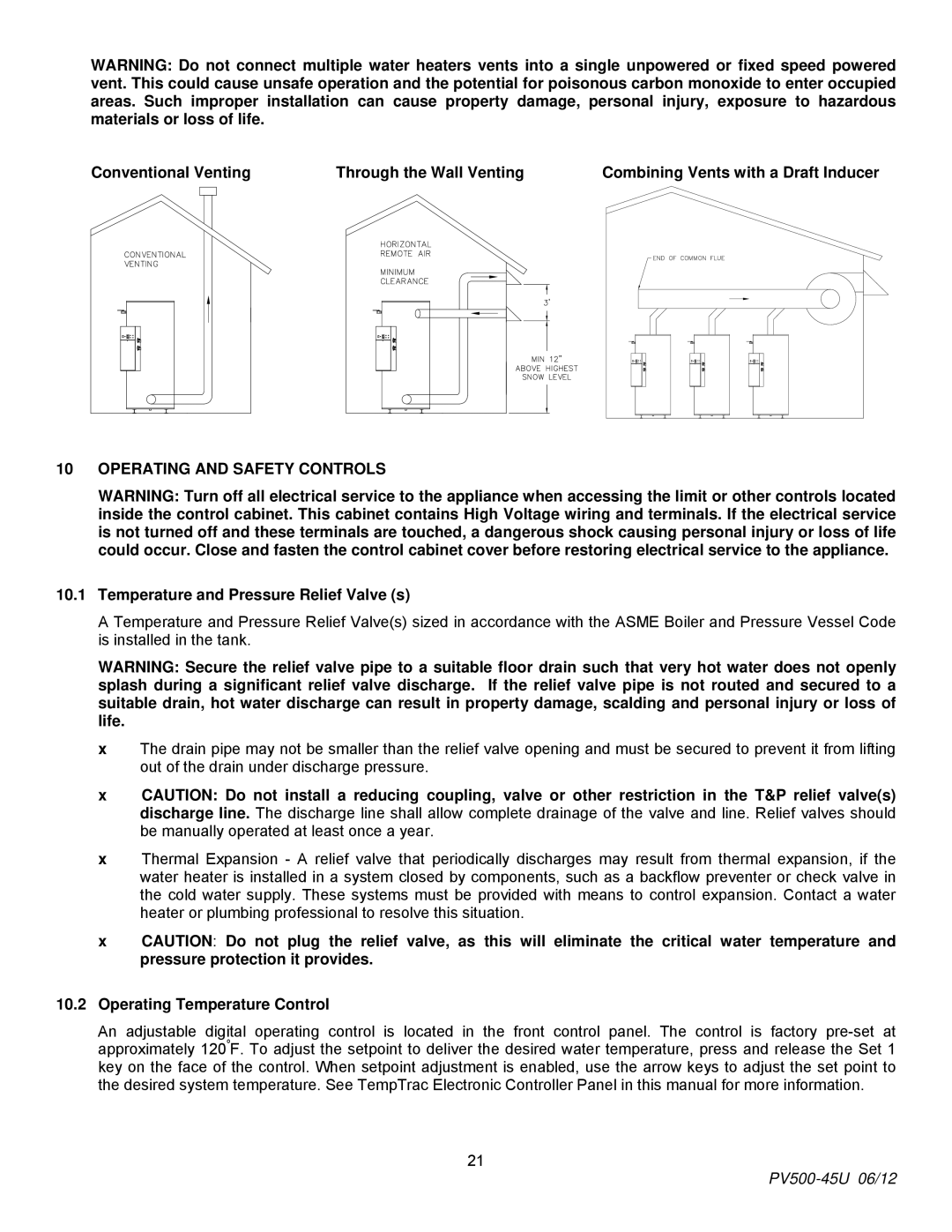 PVI Industries PV500-45U manual Operating and Safety Controls, Temperature and Pressure Relief Valve s 
