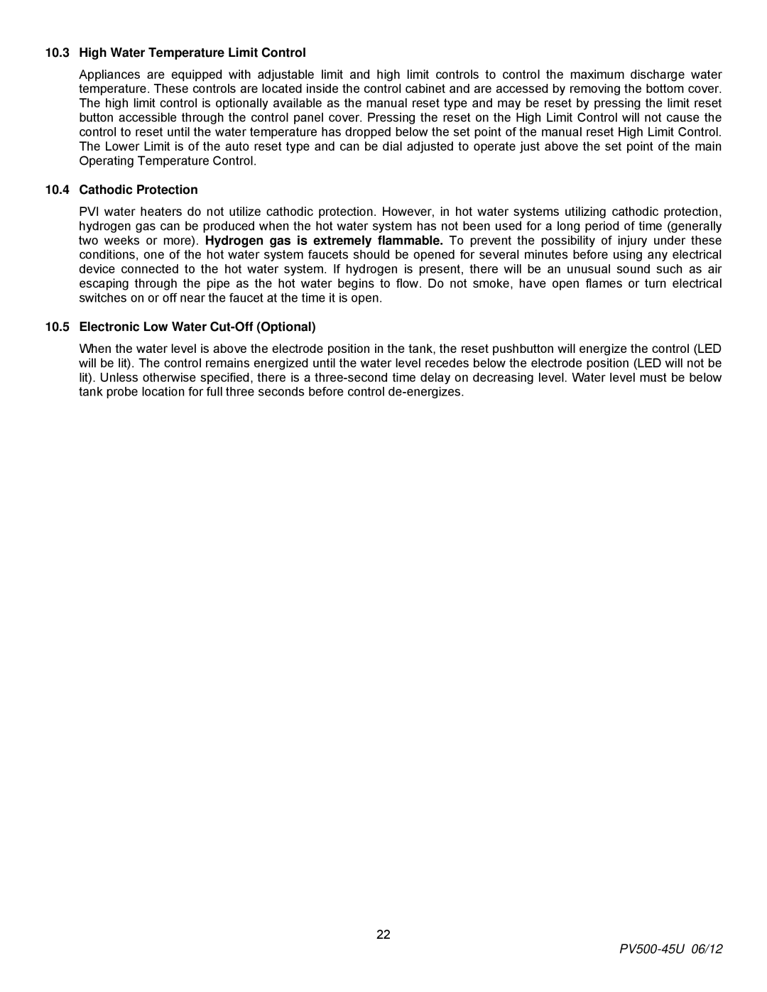 PVI Industries PV500-45U High Water Temperature Limit Control, Cathodic Protection, Electronic Low Water Cut-Off Optional 