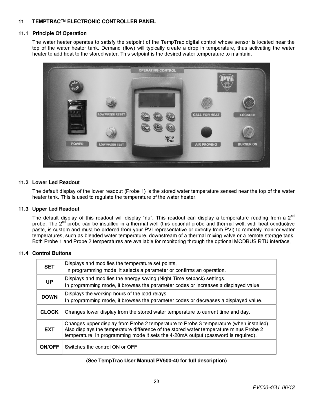 PVI Industries PV500-45U manual Temptrac Electronic Controller Panel, Set, Down, Clock, Ext, On/Off 