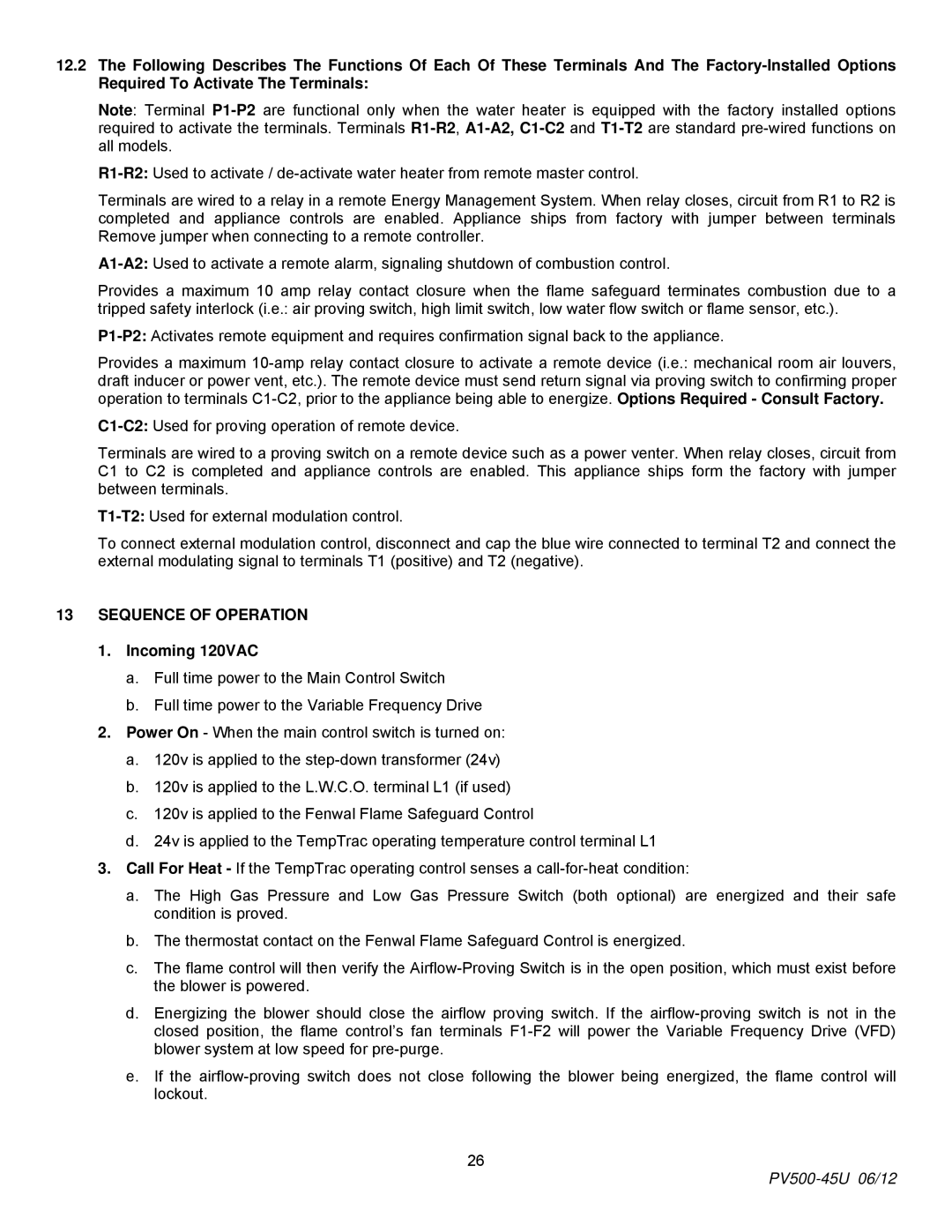 PVI Industries PV500-45U manual Sequence of Operation, Incoming 120VAC 