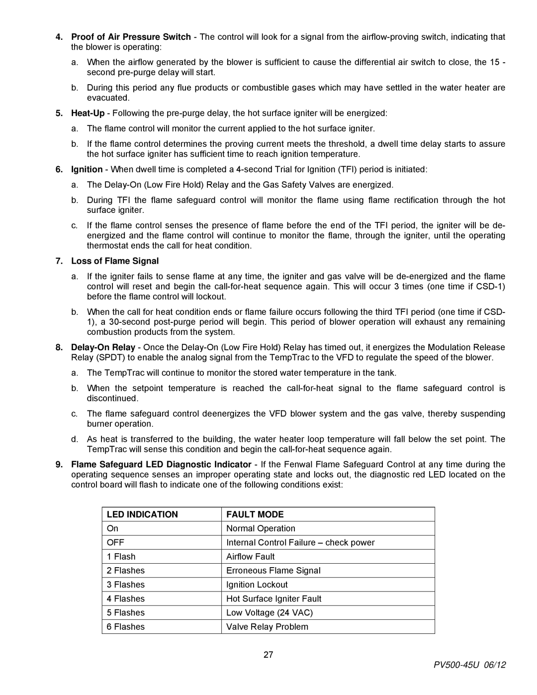 PVI Industries PV500-45U manual Loss of Flame Signal, LED Indication Fault Mode 
