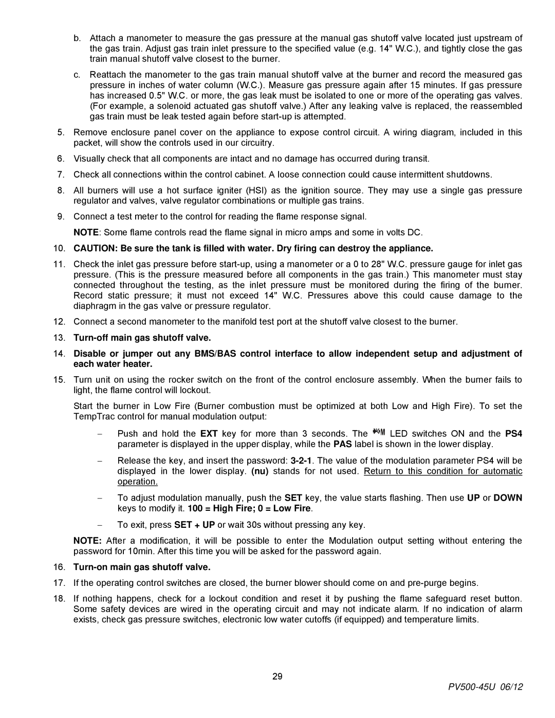 PVI Industries PV500-45U manual Turn-on main gas shutoff valve 