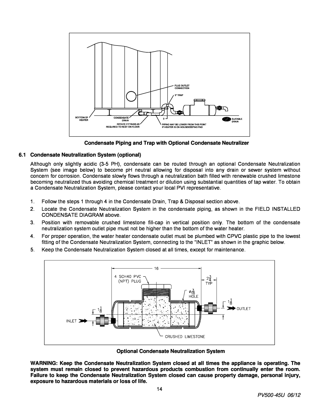 PVI Industries PV500-45U manual 6.1Condensate Neutralization System optional, Optional Condensate Neutralization System 