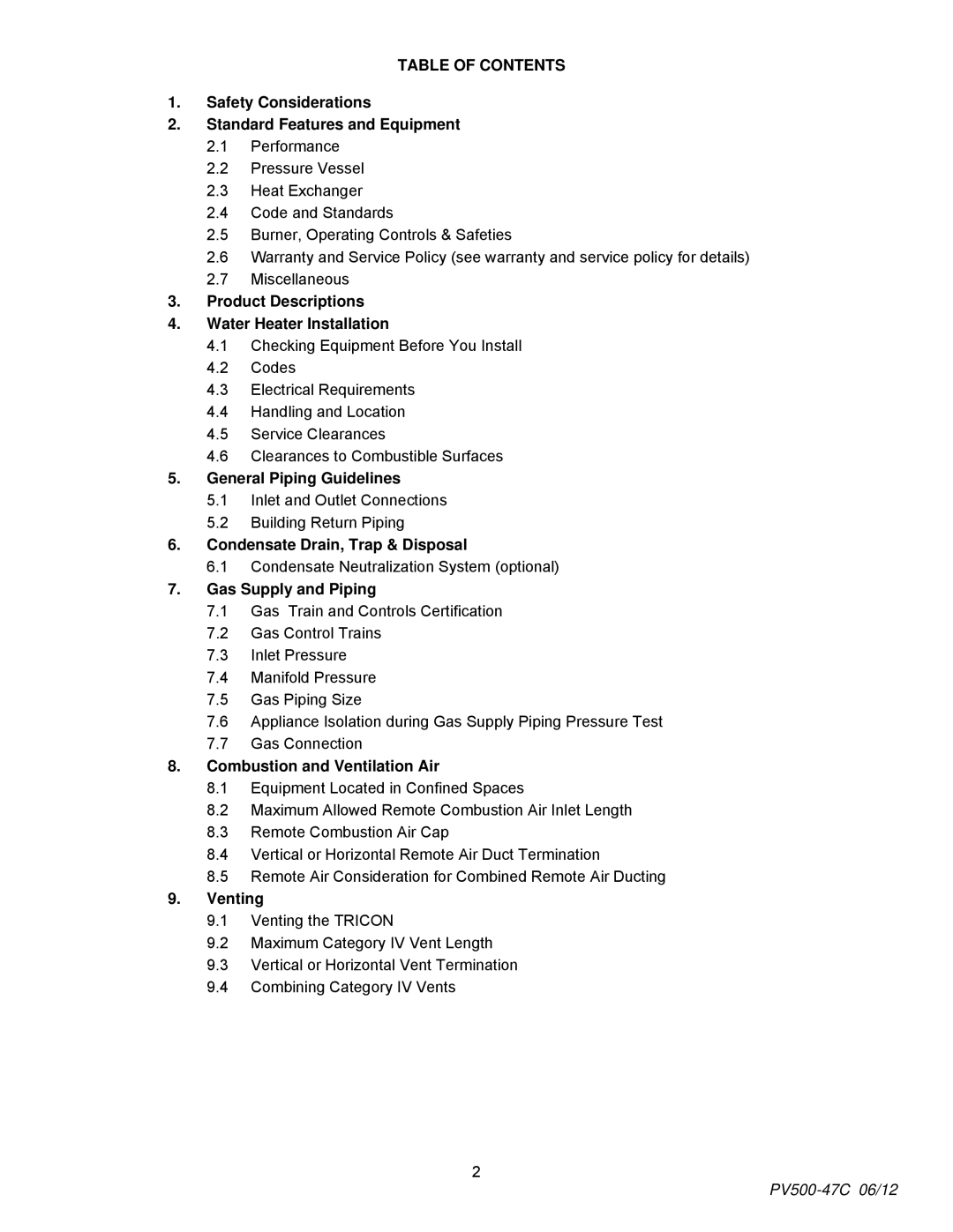 PVI Industries PV500-47C manual Table of Contents 