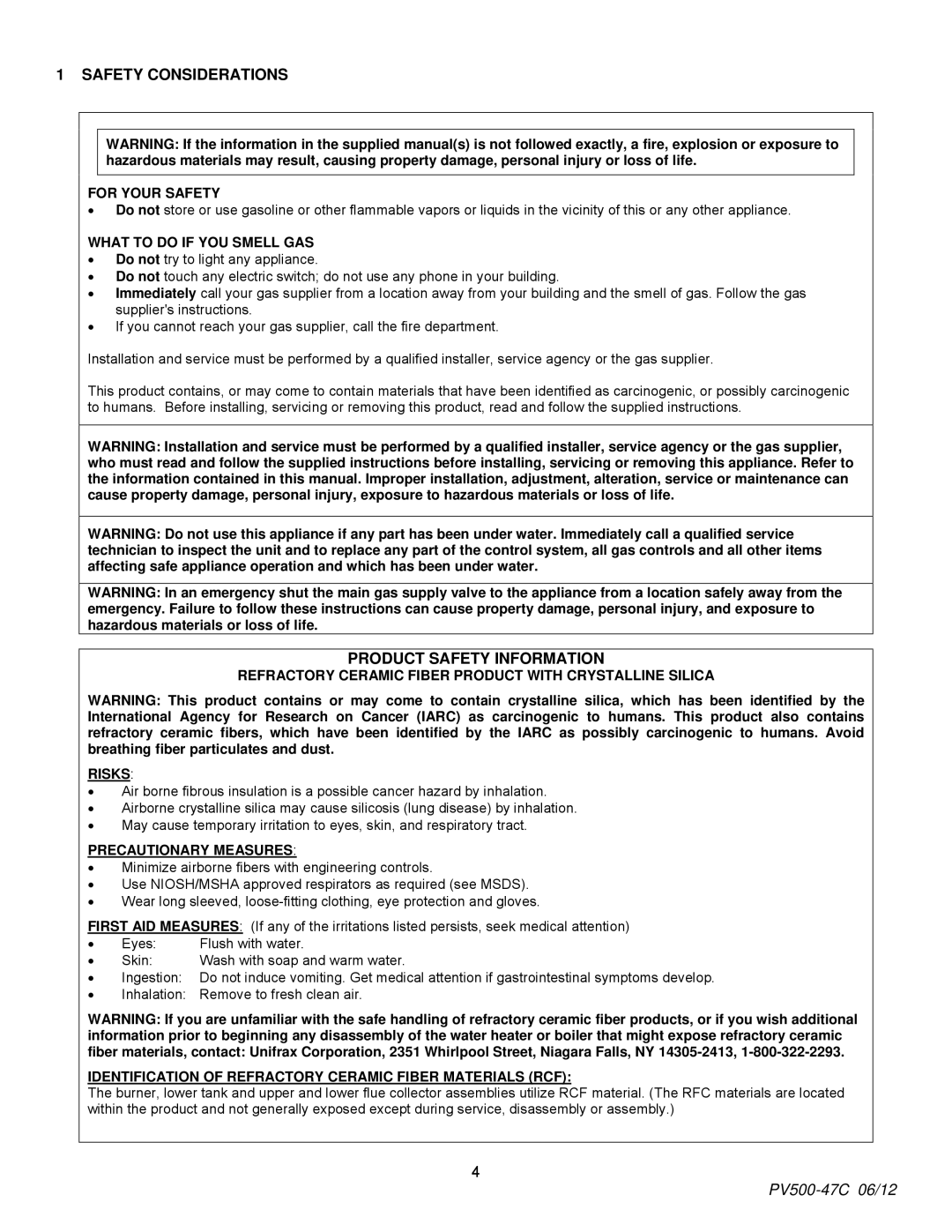 PVI Industries PV500-47C manual Safety Considerations, Product Safety Information 