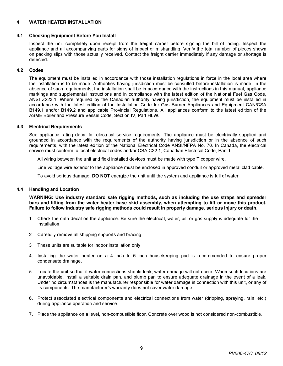 PVI Industries PV500-47C Water Heater Installation, Checking Equipment Before You Install, Codes, Electrical Requirements 