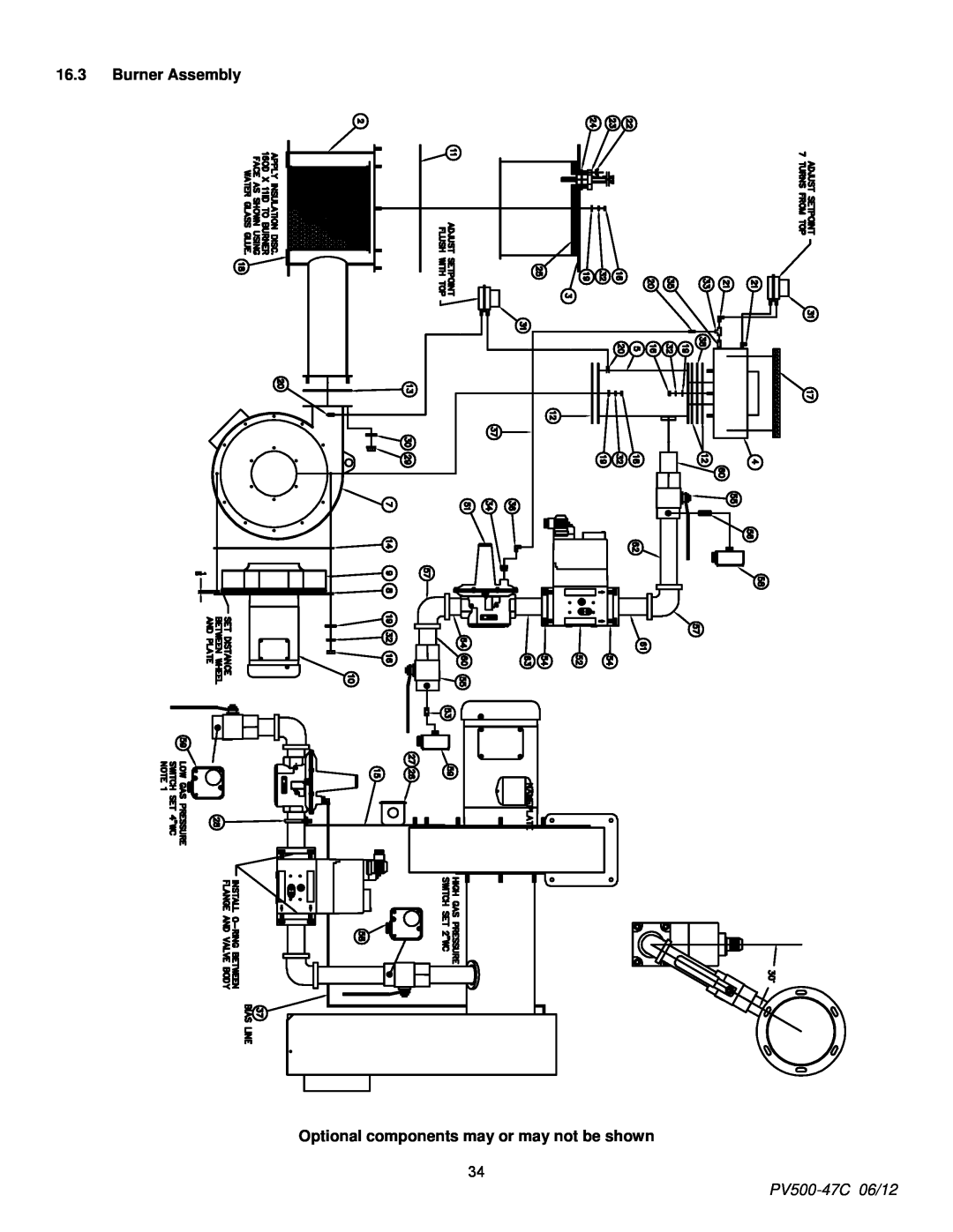 PVI Industries manual 16.3Burner Assembly, Optional components may or may not be shown, PV500-47C06/12 
