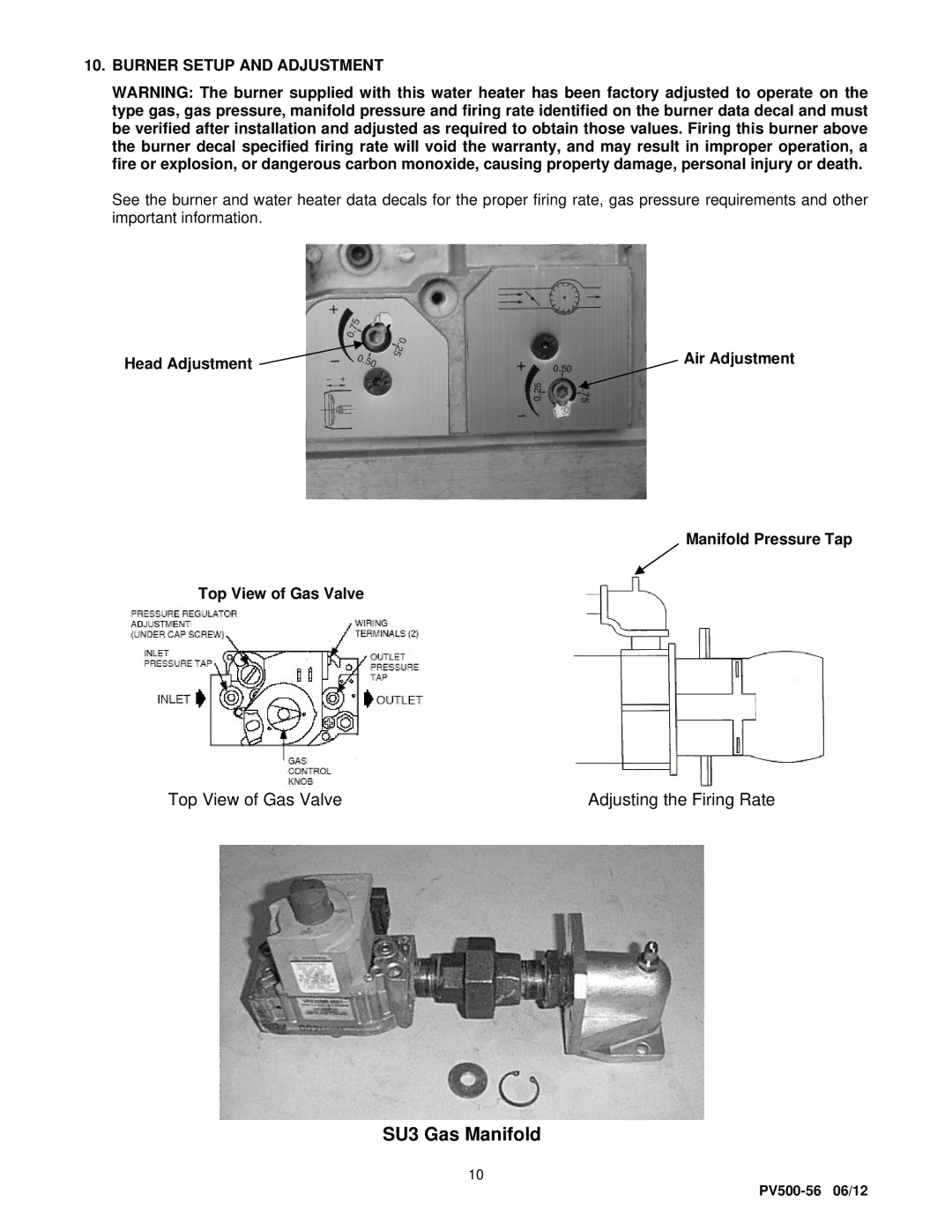 PVI Industries SU-3 manual SU3 Gas Manifold, Burner Setup and Adjustment 