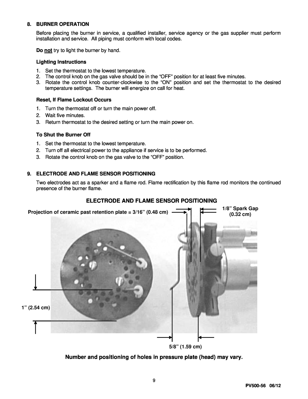 PVI Industries SU-3 manual Electrode And Flame Sensor Positioning, Burner Operation, Lighting Instructions 