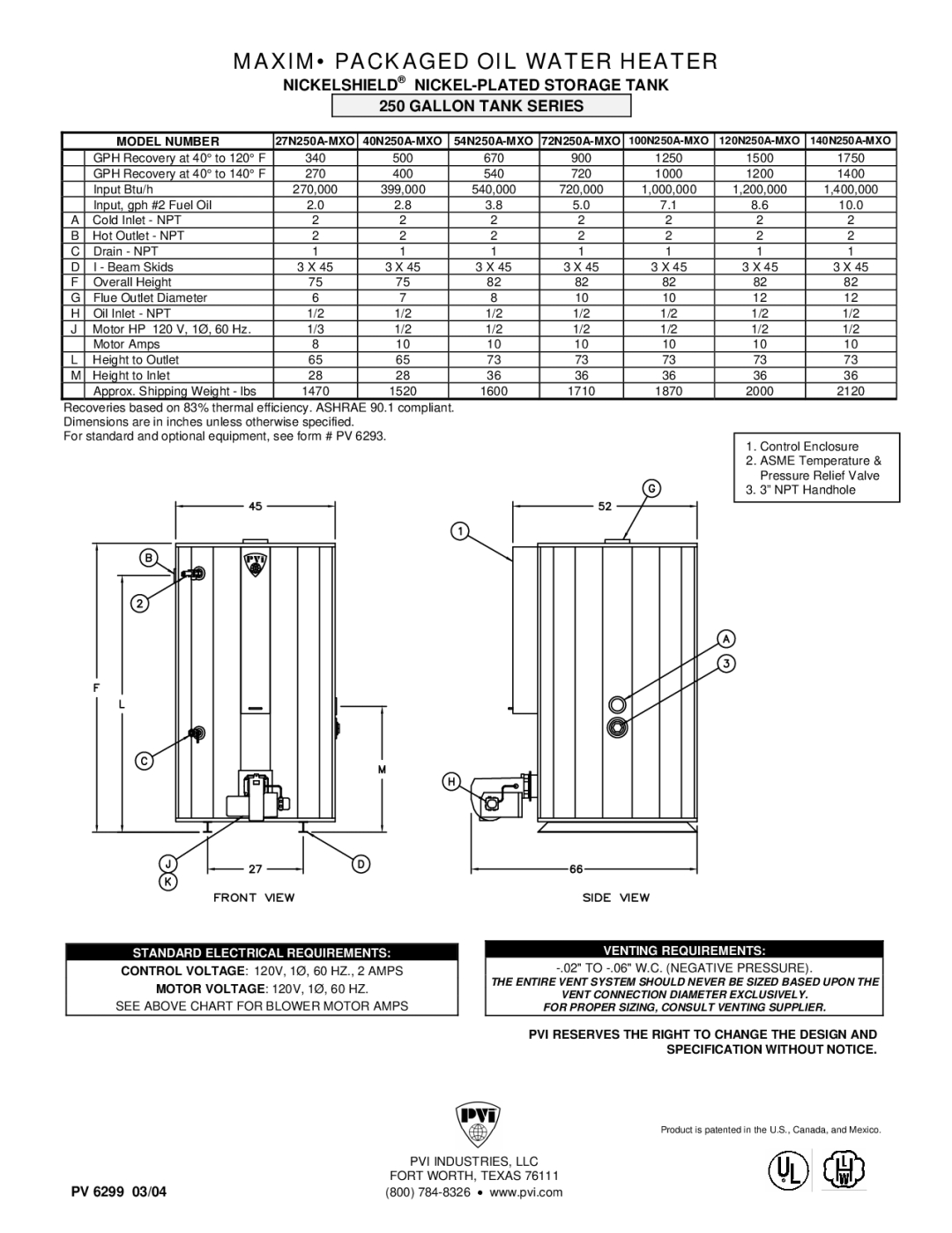 PVI Industries Tank Series dimensions Maxim Packaged OIL Water Heater, Model Number, Standard Electrical Requirements 