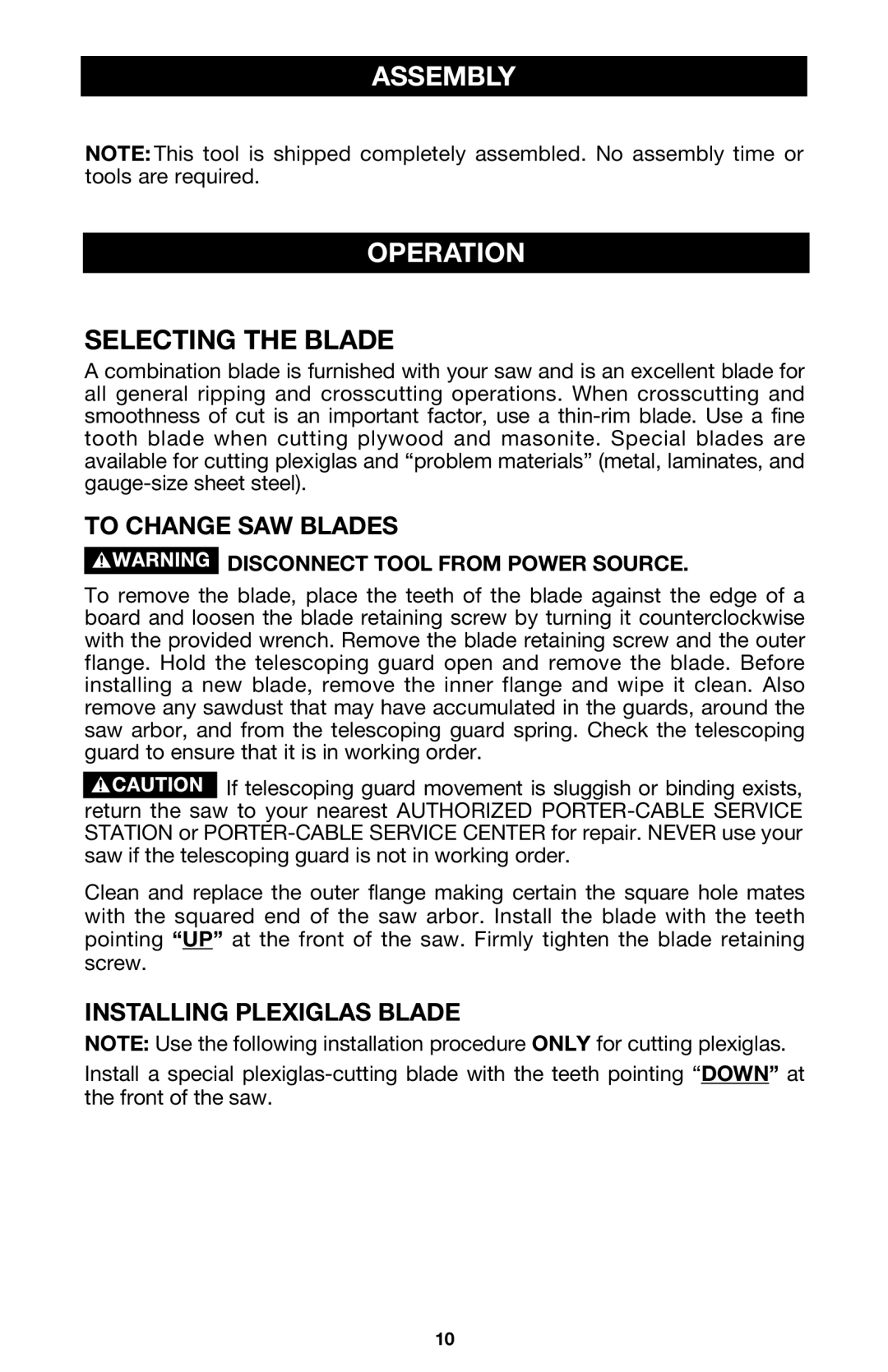 PYLE Audio 314 instruction manual Assembly Operation, To Change SAW Blades, Installing Plexiglas Blade 