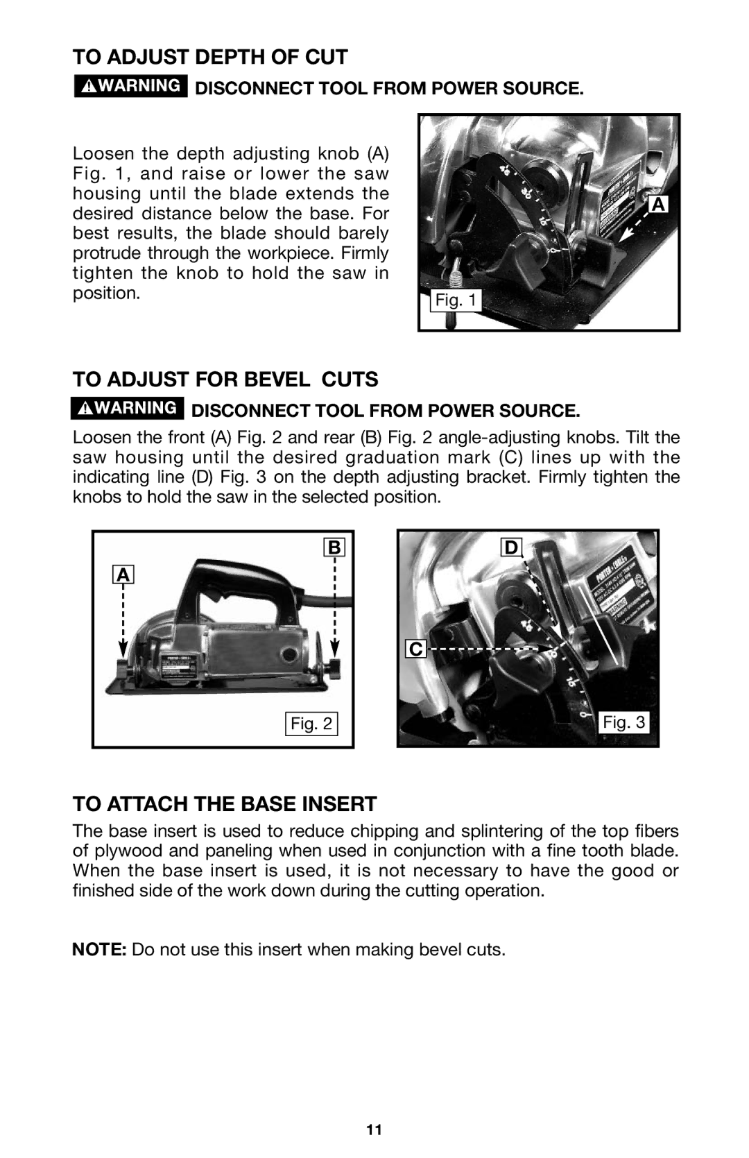 PYLE Audio 314 instruction manual To Adjust Depth of CUT, To Adjust for Bevel Cuts, To Attach the Base Insert 